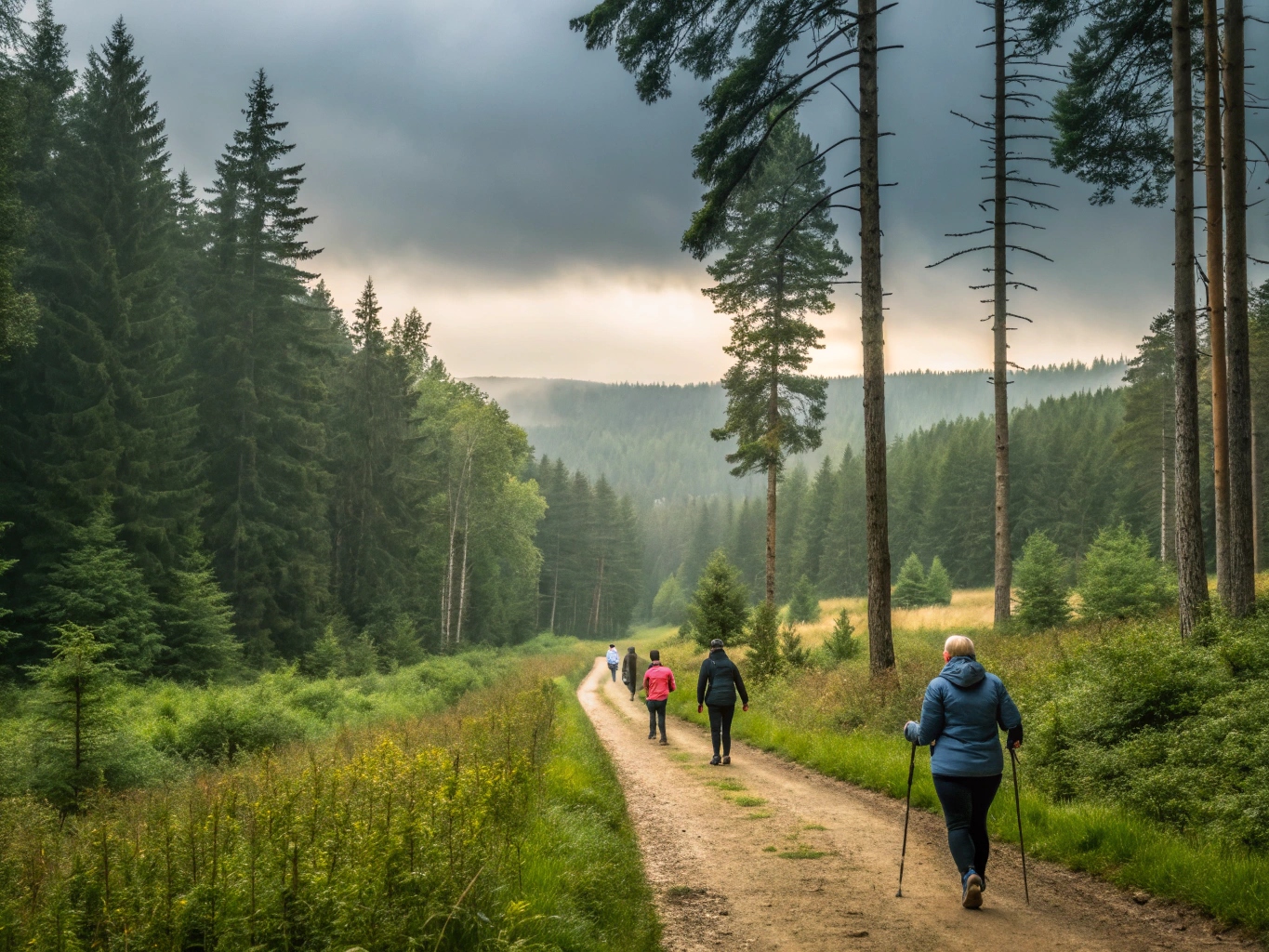 Groep mensen die nordic walking beoefenen in een natuurrijke omgeving