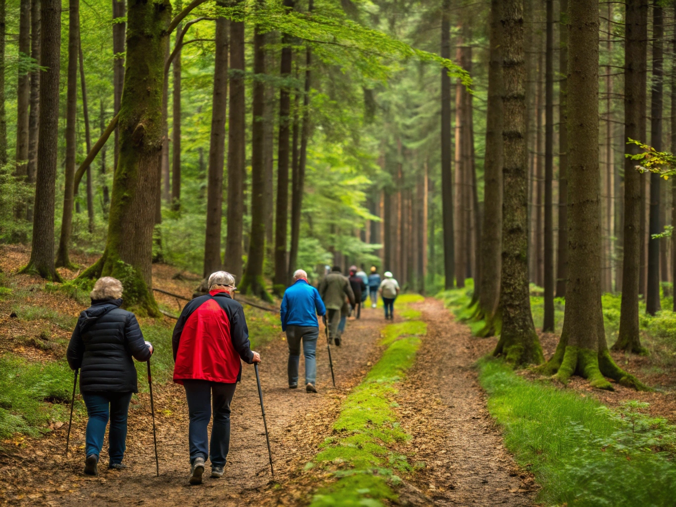Groep nordic walkers in een bos