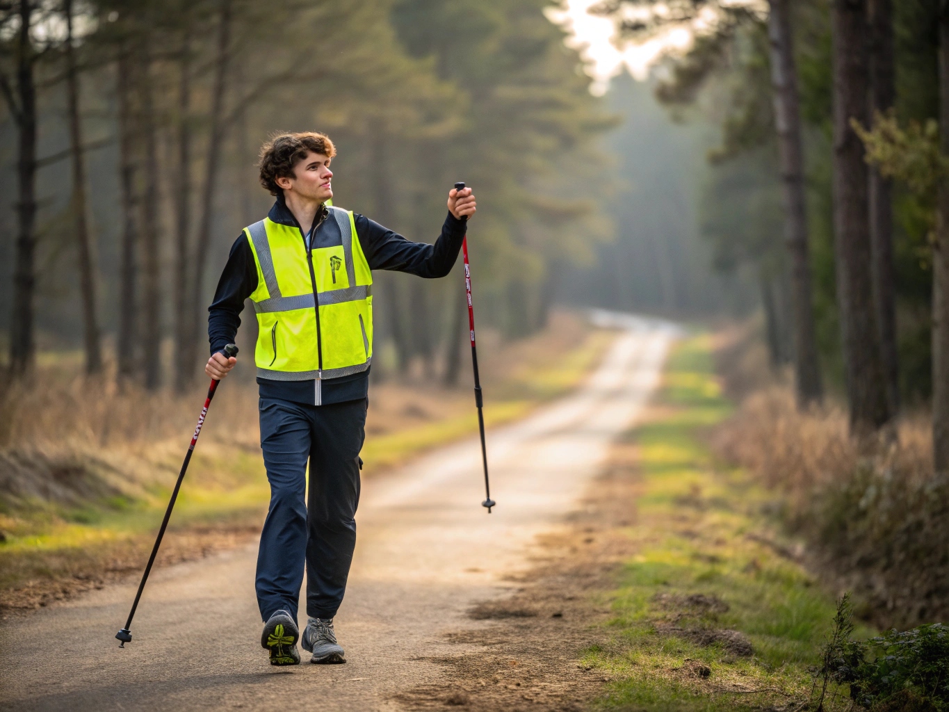 Coach demonstreert nordic walking techniek